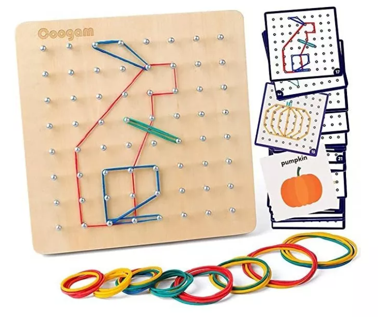 QiYi Wooden -  Geoboard de Madera con Tarjetas de Actividad y Bandas de Goma - 8x8